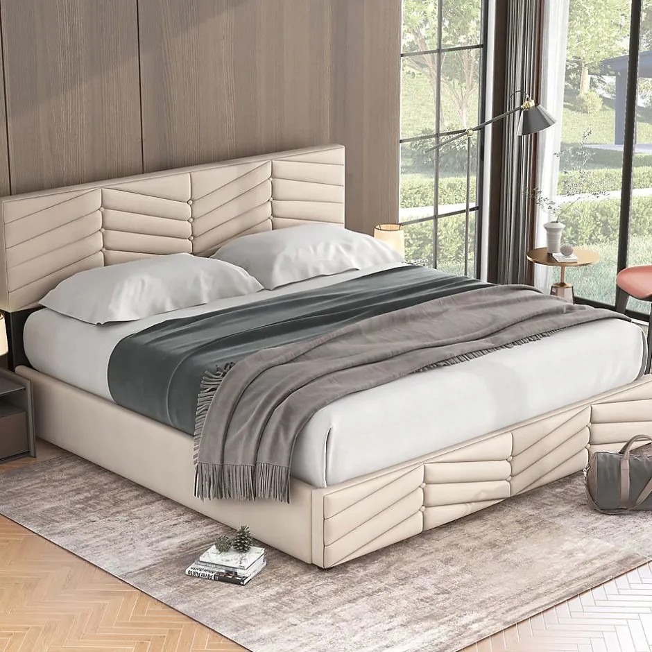 Blackcolors Lit Coffre Double 180x200cm Velours Tête Réglable Rayé Blanc Cassé