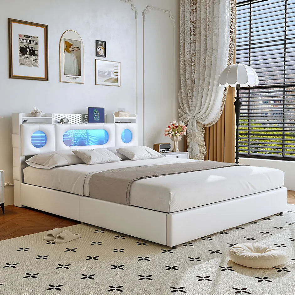 ProximaX Lit coffre en cuir PU 140x200 cm blanc avec tête de lit lumineuse, rangement à vérins, ports USB et USB-C, design moderne Online