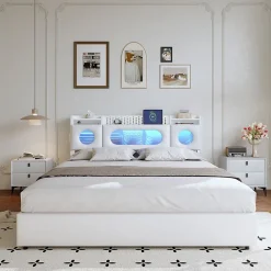 ProximaX Lit coffre en cuir PU 140x200 cm blanc avec tête de lit lumineuse, rangement à vérins, ports USB et USB-C, design moderne Online
