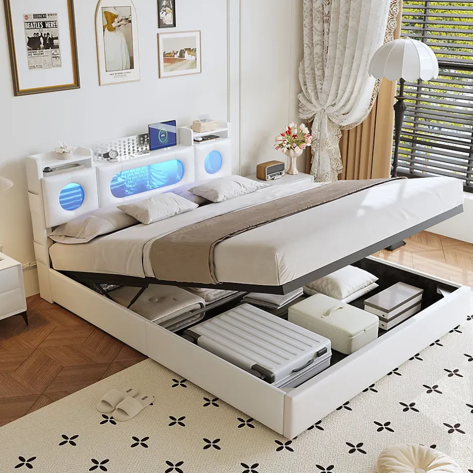 ProximaX Lit coffre en cuir PU 140x200 cm blanc avec tête de lit lumineuse, rangement à vérins, ports USB et USB-C, design moderne Online