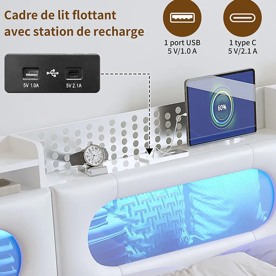 ProximaX Lit coffre en cuir PU 140x200 cm blanc avec tête de lit lumineuse, rangement à vérins, ports USB et USB-C, design moderne Online