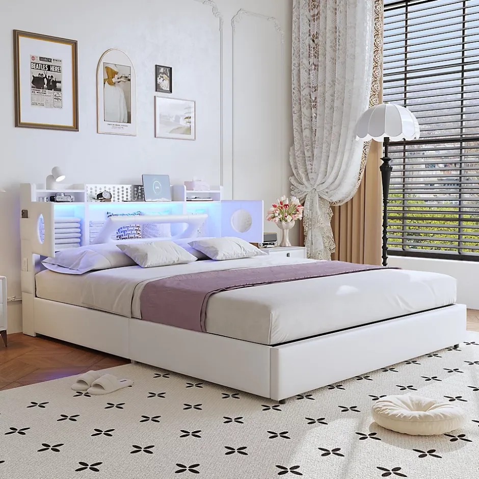 ProximaX Lit coffre en cuir PU 140x200 cm blanc avec tête de lit lumineuse, rangement à vérins, ports USB et USB-C, design moderne Online