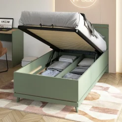 Meublorama Lit coffre enfant NOKI 100x200 cm vert et bois Style scandinave Sale