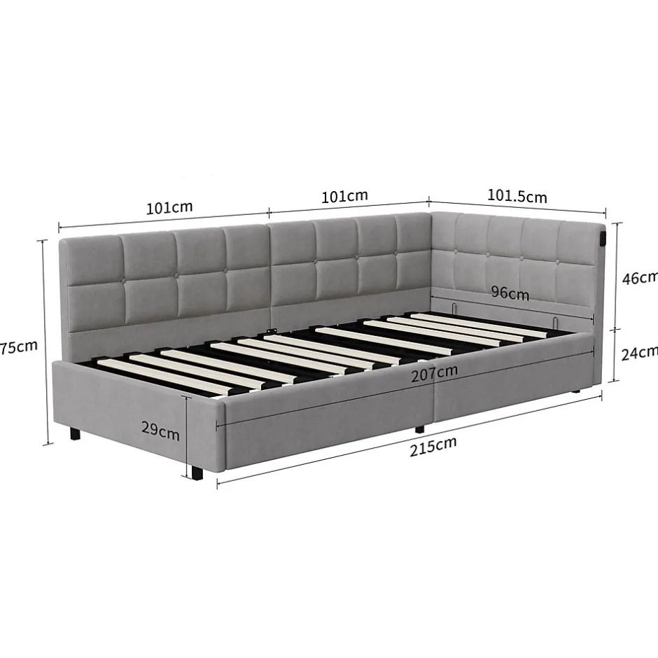 Fortuna lai Lit Coffre Enfant 90x200cm Avec Coffre Hydraulique,éclairage LED Et USB,avec Sommier à Lattes,gris New