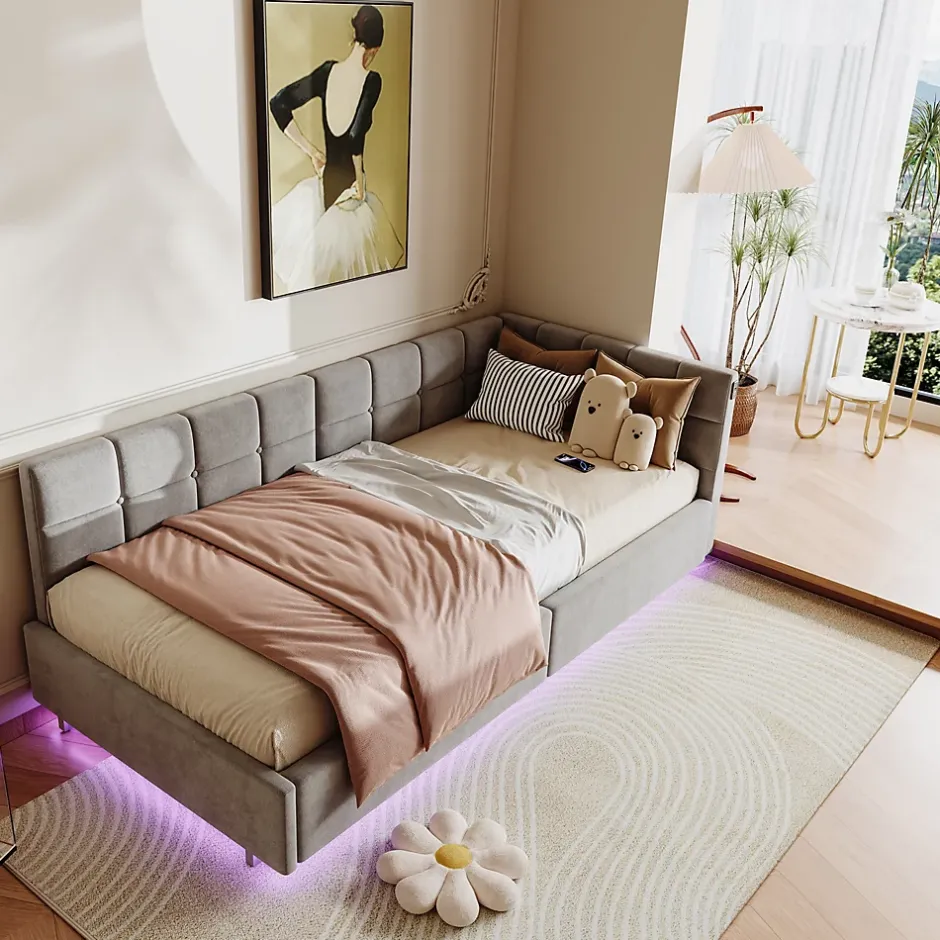 Fortuna lai Lit Coffre Enfant 90x200cm Avec Coffre Hydraulique,éclairage LED Et USB,avec Sommier à Lattes,gris New