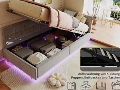 Fortuna lai Lit Coffre Enfant 90x200cm Avec Coffre Hydraulique,éclairage LED Et USB,avec Sommier à Lattes,gris New