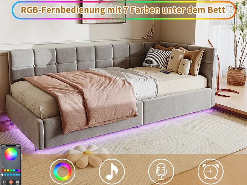 Fortuna lai Lit Coffre Enfant 90x200cm Avec Coffre Hydraulique,éclairage LED Et USB,avec Sommier à Lattes,gris New