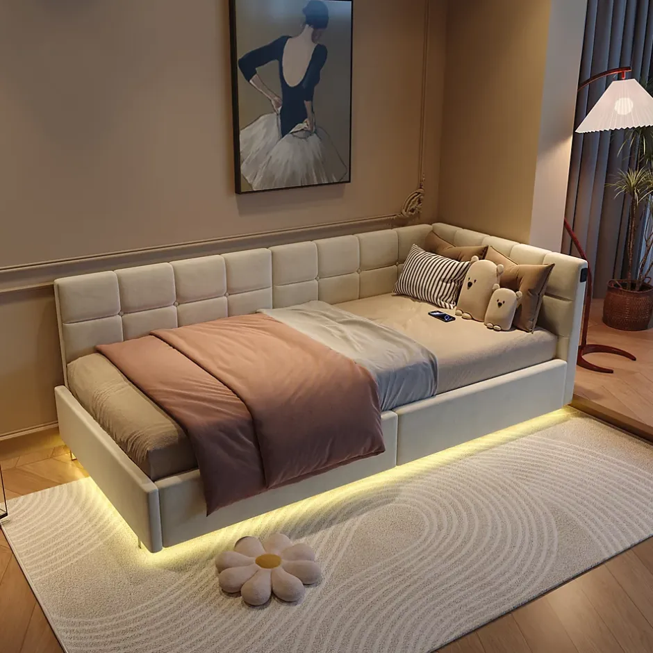 Fortuna lai Lit Coffre Enfant 90x200cm Avec Coffre Hydraulique,éclairage LED Et USB,avec Sommier à Lattes,beige Discount