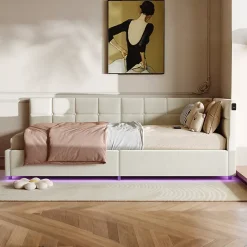 Fortuna lai Lit Coffre Enfant 90x200cm Avec Coffre Hydraulique,éclairage LED Et USB,avec Sommier à Lattes,beige Discount