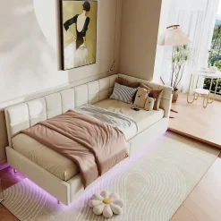 Fortuna lai Lit Coffre Enfant 90x200cm Avec Coffre Hydraulique,éclairage LED Et USB,avec Sommier à Lattes,beige Discount