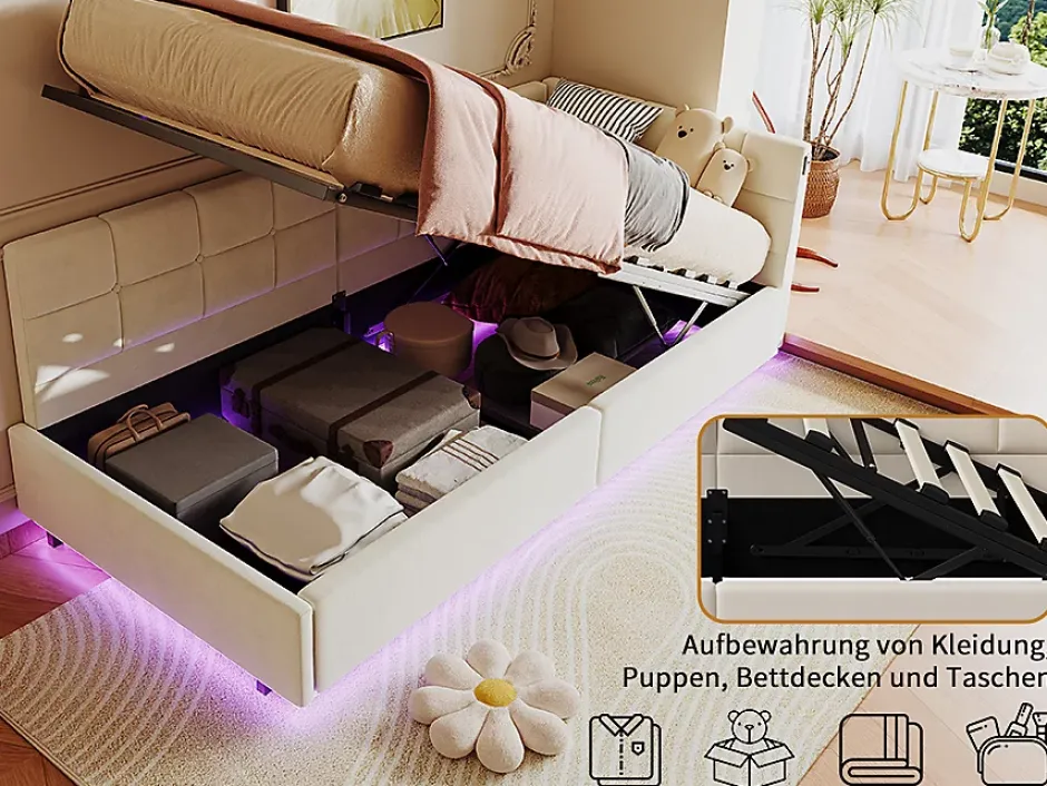Fortuna lai Lit Coffre Enfant 90x200cm Avec Coffre Hydraulique,éclairage LED Et USB,avec Sommier à Lattes,beige Discount