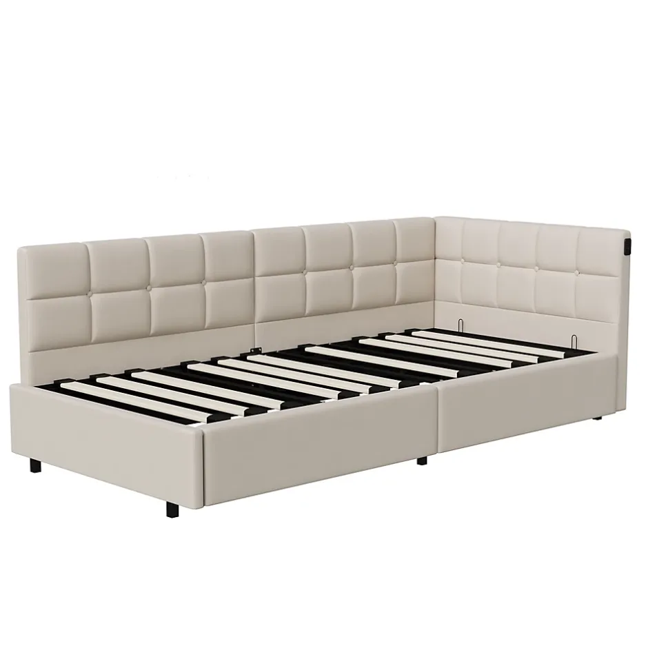 Fortuna lai Lit Coffre Enfant 90x200cm Avec Coffre Hydraulique,éclairage LED Et USB,avec Sommier à Lattes,beige Discount