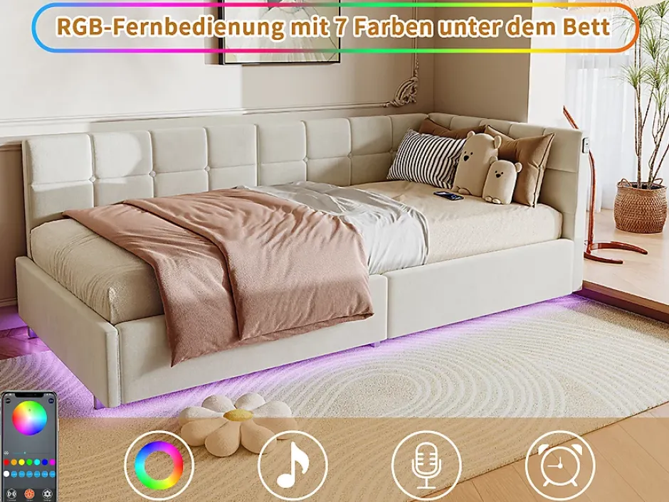Fortuna lai Lit Coffre Enfant 90x200cm Avec Coffre Hydraulique,éclairage LED Et USB,avec Sommier à Lattes,beige Discount