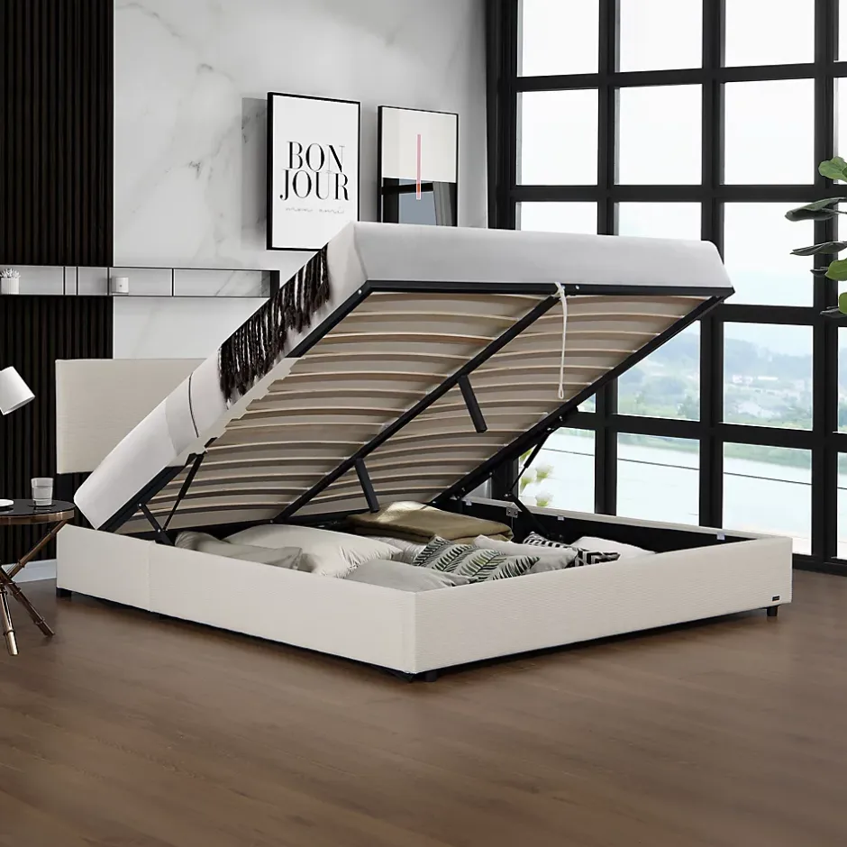 Corium Lit coffre Juva rembourré avec velours côtelé 160 x 200 cm beige Outlet