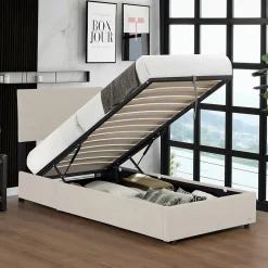 Corium Lit coffre Juva rembourré avec velours côtelé 90 x 200 cm beige