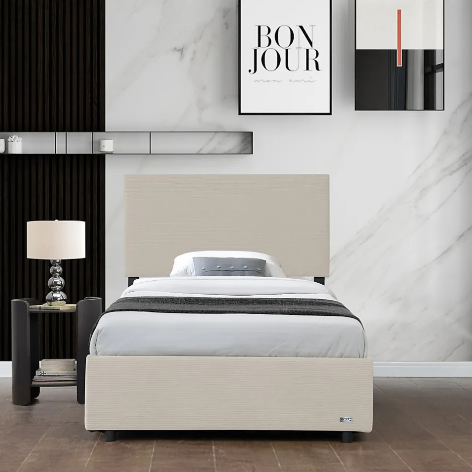 Corium Lit coffre Juva rembourré avec velours côtelé 90 x 200 cm beige