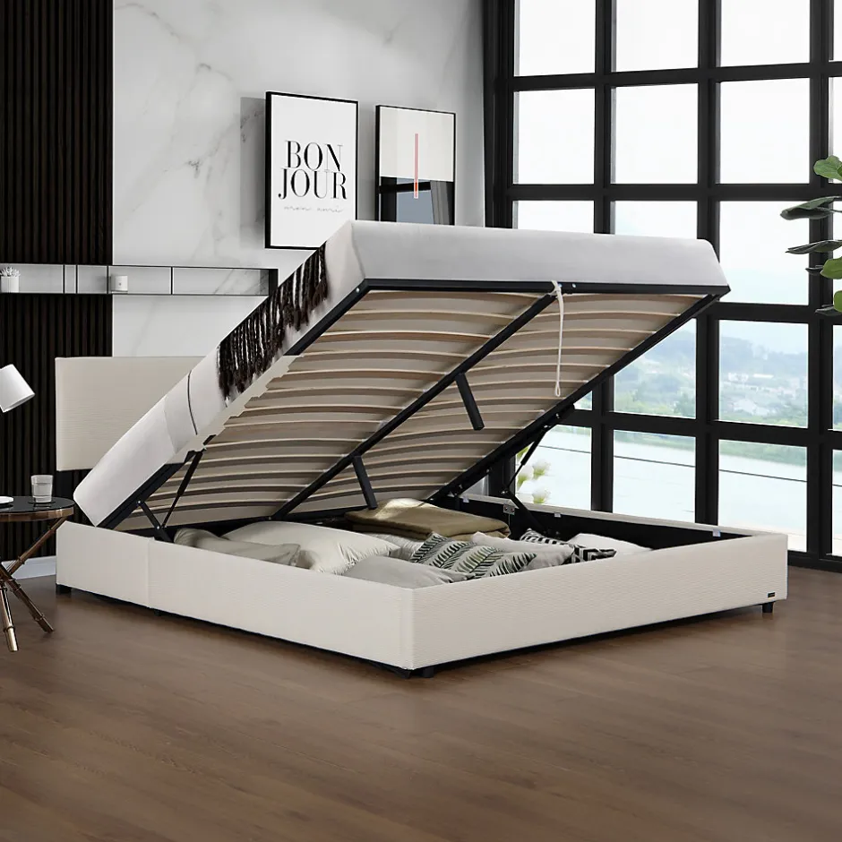 Corium Lit coffre Juva rembourré avec velours côtelé 140 x 200 cm beige