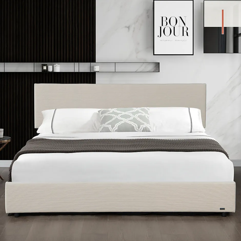 Corium Lit coffre Juva rembourré avec velours côtelé 140 x 200 cm beige