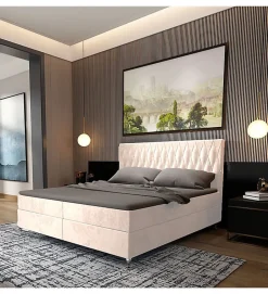 Pro Et Discount Lit Coffre KINGSTON 160x200 cm Velours Beige avec Tete de Lit Matelas Inclus et Rangement Integre