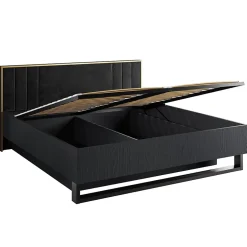Meublorama Lit coffre MONDO 160x200 cm Noir structuré et doré Pieds métal Sommier inclus Sale