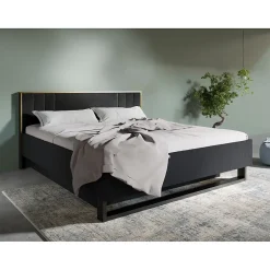 Meublorama Lit coffre MONDO 160x200 cm Noir structuré et doré Pieds métal Sommier inclus Sale