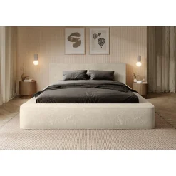 Meublorama Lit coffre ORLANE Beige Velours de dune 180x200 cm Sommier relevable Design haut de gamme Hot