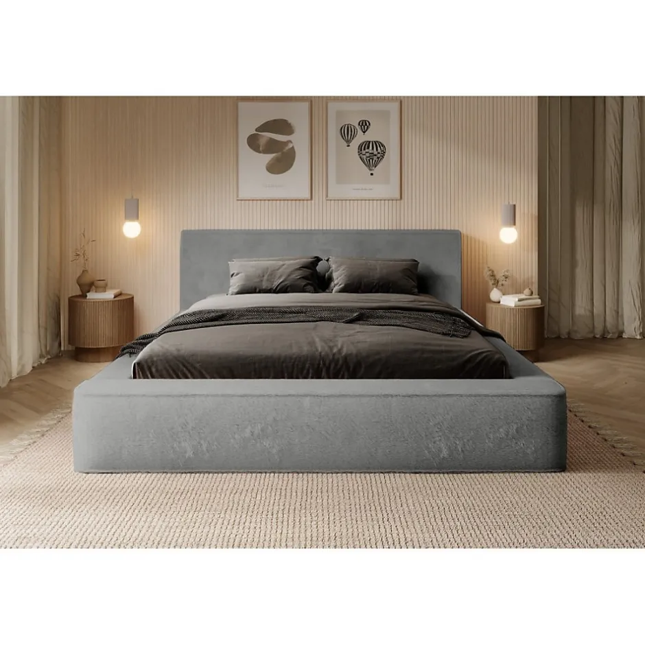 Meublorama Lit coffre ORLANE Gris Charbon minéral polaire 140x200 cm Sommier relevable Design haut de gamme