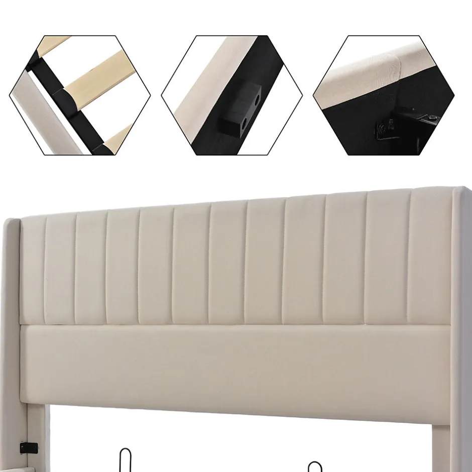Blackcolors Lit Coffre Rangement Rembourré Hydraulique Sommier Métal 160x200 Lin Beige