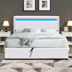 Nuits D'Or Lit coffre rangement 140x190 cm avec tete de lit LED - 12 lattes - montage rapide et facile - confort optimal - design moderne - Discount