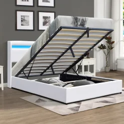 Nuits D'Or Lit coffre rangement 140x190 cm avec tete de lit LED - 12 lattes - montage rapide et facile - confort optimal - design moderne - Discount