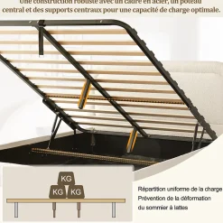 ModernLuxe Lit coffre rembourré 140x190 cm avec rangement - Tête de lit rembourrée - Sommier à lattes - Tissu bouclé - Beige(sans matelas) Outlet
