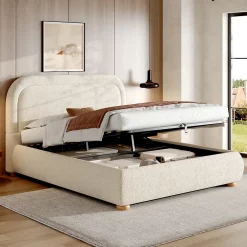 ModernLuxe Lit coffre rembourré 140x190 cm avec rangement - Tête de lit rembourrée - Sommier à lattes - Tissu bouclé - Beige(sans matelas) Outlet