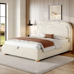 ModernLuxe Lit coffre rembourré 140x190 cm avec rangement - Tête de lit rembourrée - Sommier à lattes - Tissu bouclé - Beige(sans matelas) Outlet