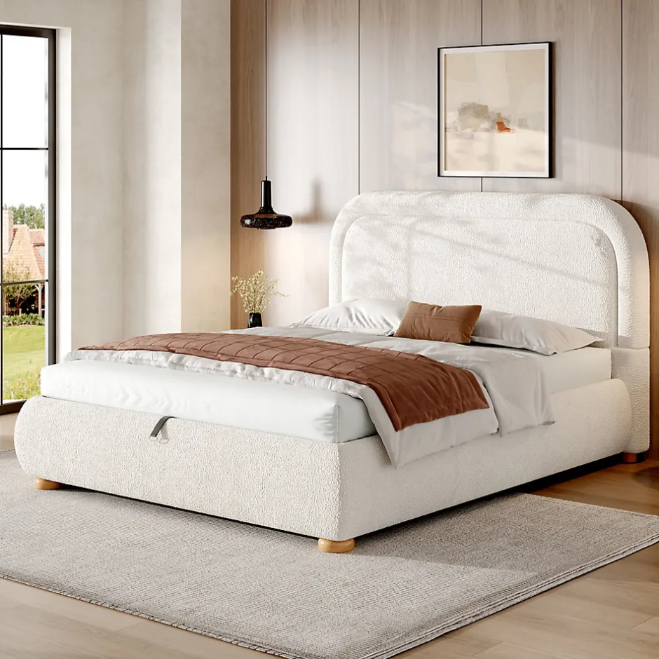 ModernLuxe Lit coffre rembourré 140x190 cm avec rangement - Tête de lit rembourrée - Sommier à lattes - Tissu bouclé - Blanc(sans matelas)