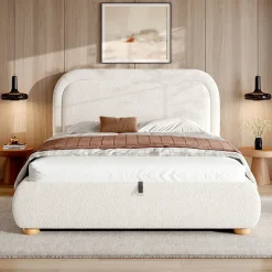 ModernLuxe Lit coffre rembourré 140x190 cm avec rangement - Tête de lit rembourrée - Sommier à lattes - Tissu bouclé - Blanc(sans matelas)