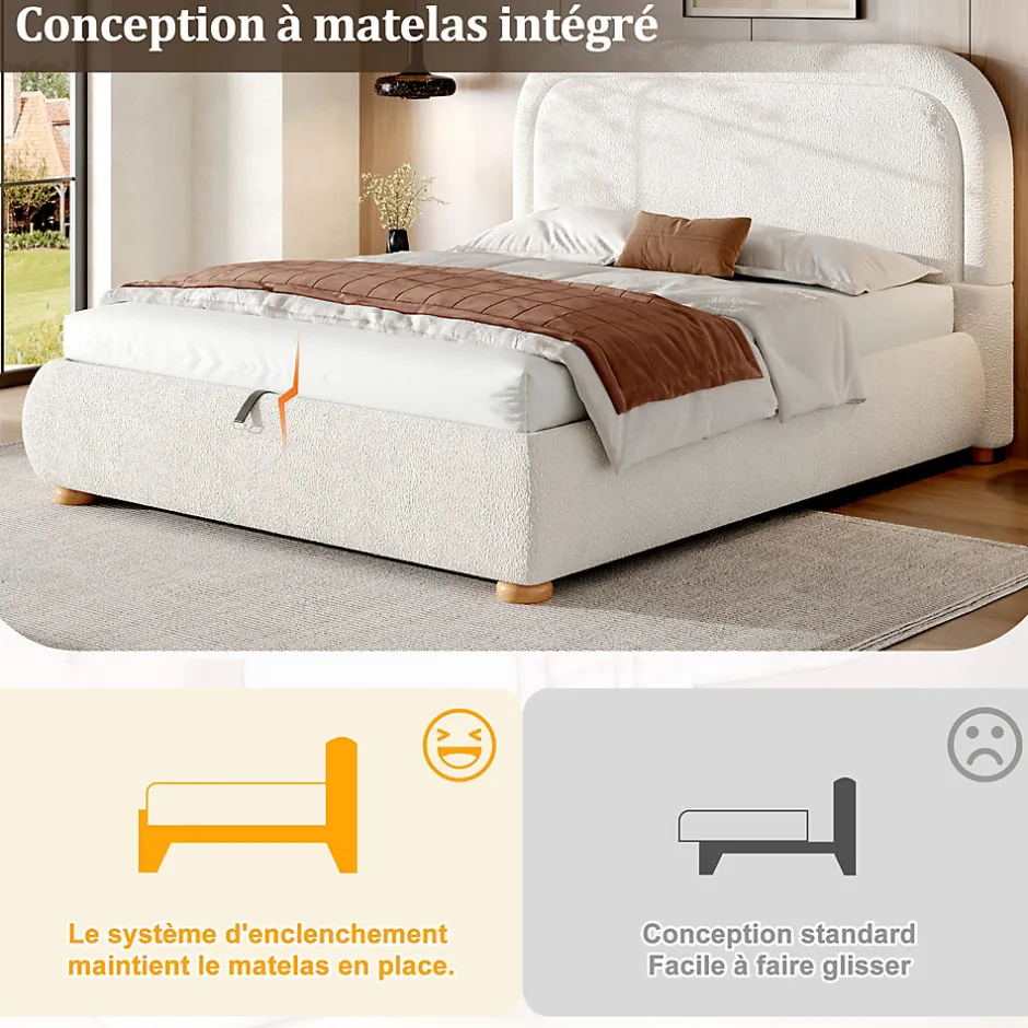 ModernLuxe Lit coffre rembourré 140x190 cm avec rangement - Tête de lit rembourrée - Sommier à lattes - Tissu bouclé - Blanc(sans matelas)