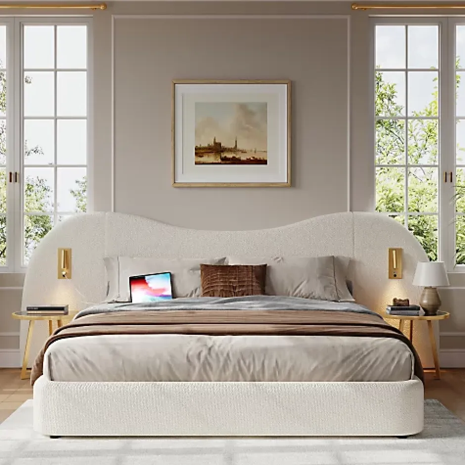 ModernLuxe Lit coffre rembourré 180x200 cm - Avec USB et lampe de lecture - Tête de lit rembourrée - Tissu bouclé - Blanc (sans matelas) Clearance
