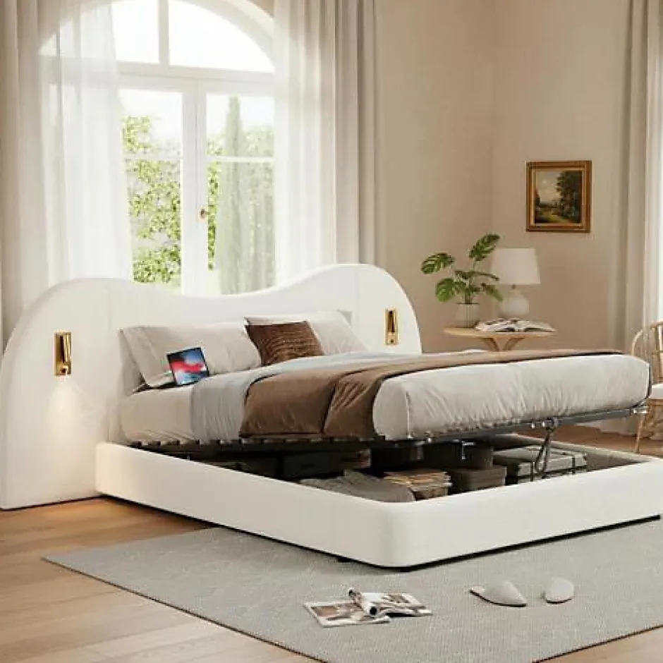 ModernLuxe Lit coffre rembourré 180x200 cm - Avec USB et lampe de lecture - Tête de lit rembourrée - Tissu bouclé - Blanc (sans matelas) Clearance