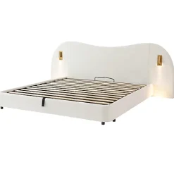 ModernLuxe Lit coffre rembourré 180x200 cm - Avec USB et lampe de lecture - Tête de lit rembourrée - Tissu bouclé - Blanc (sans matelas) Clearance