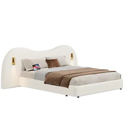ModernLuxe Lit coffre rembourré 180x200 cm - Avec USB et lampe de lecture - Tête de lit rembourrée - Tissu bouclé - Blanc (sans matelas) Clearance