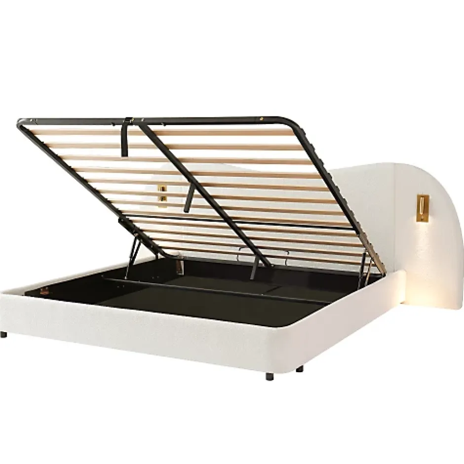 ModernLuxe Lit coffre rembourré 180x200 cm - Avec USB et lampe de lecture - Tête de lit rembourrée - Tissu bouclé - Blanc (sans matelas) Clearance