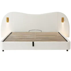 ModernLuxe Lit coffre rembourré 180x200 cm - Avec USB et lampe de lecture - Tête de lit rembourrée - Tissu bouclé - Blanc (sans matelas) Clearance