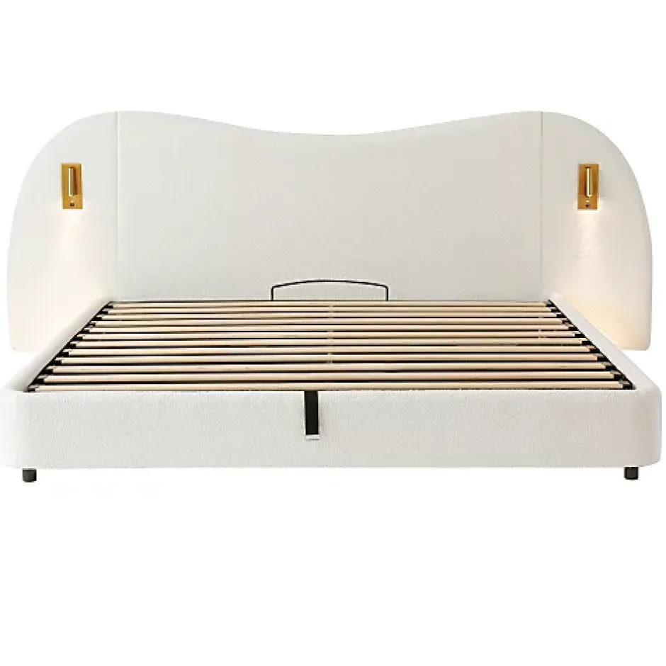 ModernLuxe Lit coffre rembourré 180x200 cm - Avec USB et lampe de lecture - Tête de lit rembourrée - Tissu bouclé - Blanc (sans matelas) Clearance