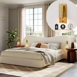 ModernLuxe Lit coffre rembourré 180x200 cm - Avec USB et lampe de lecture - Tête de lit rembourrée - Tissu bouclé - Blanc (sans matelas) Clearance