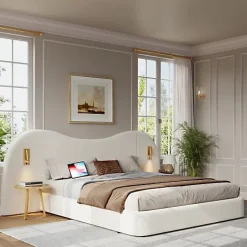 ModernLuxe Lit coffre rembourré 180x200 cm - Avec USB et lampe de lecture - Tête de lit rembourrée - Tissu bouclé - Blanc (sans matelas) Clearance