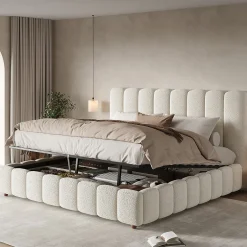 ModernLuxe Lit coffre rembourré 180x200cm - Tête de lit rembourrée - Rangement sous le lit - Sommier à lattes - Bouclé - Blanc(sans matelas)