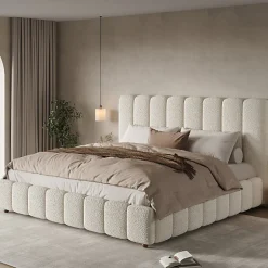 ModernLuxe Lit coffre rembourré 180x200cm - Tête de lit rembourrée - Rangement sous le lit - Sommier à lattes - Bouclé - Blanc(sans matelas)