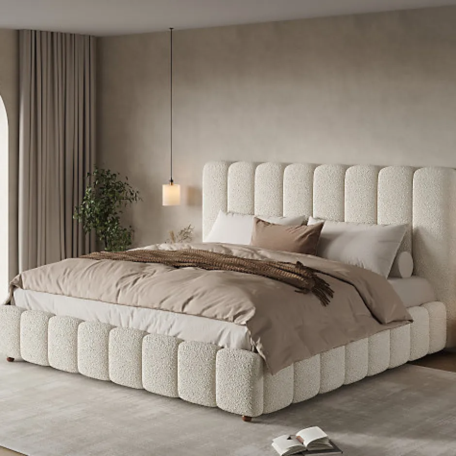 ModernLuxe Lit coffre rembourré 180x200cm - Tête de lit rembourrée - Rangement sous le lit - Sommier à lattes - Bouclé - Blanc(sans matelas)