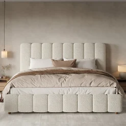 ModernLuxe Lit coffre rembourré 180x200cm - Tête de lit rembourrée - Rangement sous le lit - Sommier à lattes - Bouclé - Blanc(sans matelas)