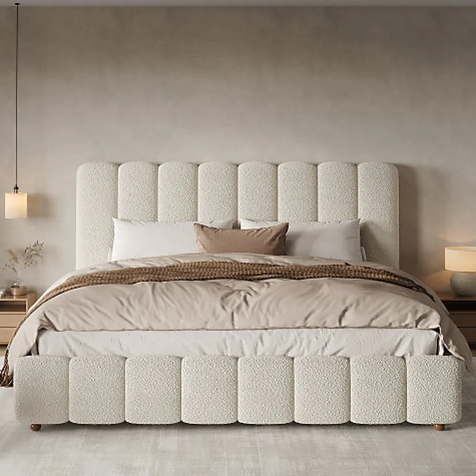 ModernLuxe Lit coffre rembourré 180x200cm - Tête de lit rembourrée - Rangement sous le lit - Sommier à lattes - Bouclé - Blanc(sans matelas)